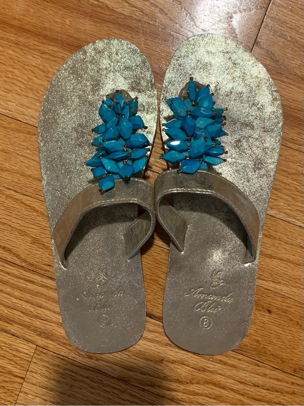 Amanda Blu Silver Slide Sandals with Turquoise Bead Cluster size 8